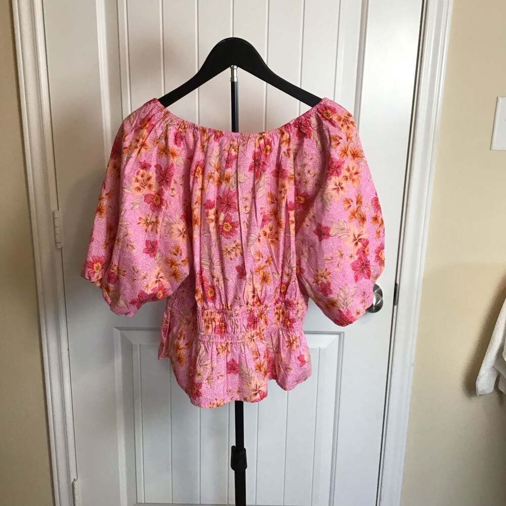 LOFT Lily Gathered Waist Floral Puff Sleeve Blouse large boho Flirty - Picture 3 of 12